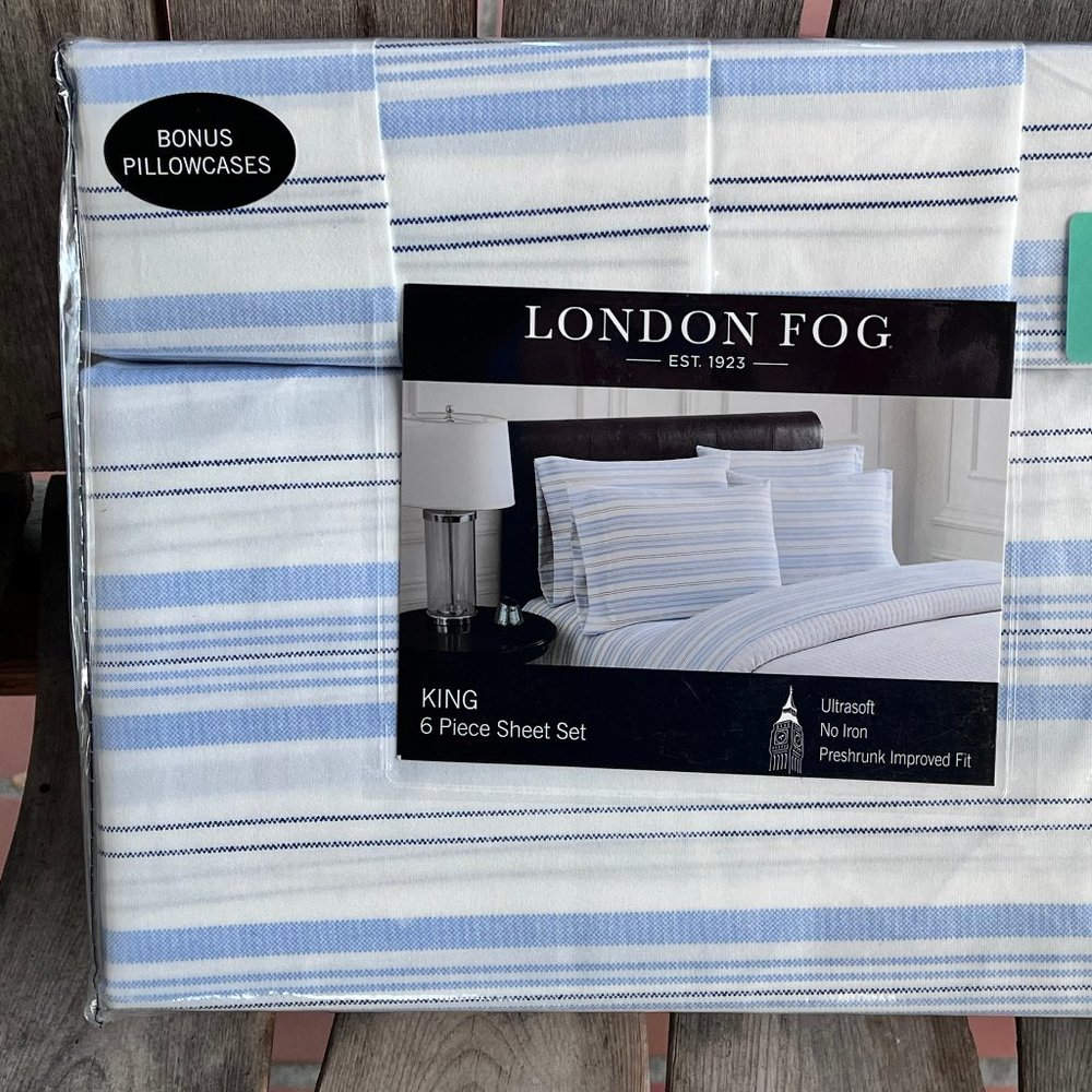 6-pc London Fog KING SIZE Sheet Set - BLUE STRIPES- 2 EXTRA PILLOWCASES